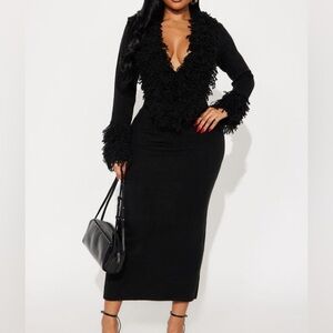 Fringe Trim Black Knit Dress